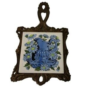 VTG Cast Iron Trivet Ceramic Counter Saver Floral Watering Pitcher Daisy READ